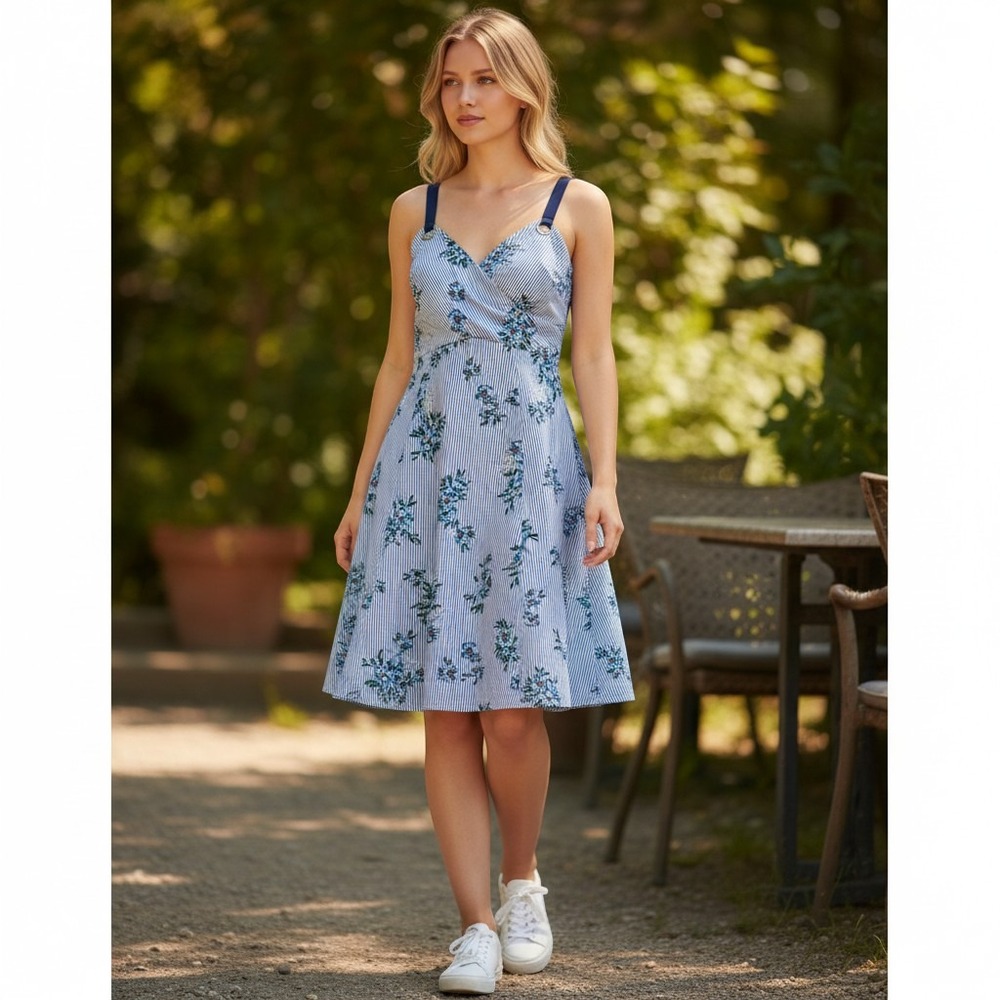 Guess Los Angeles Blue Floral Seersuckerโ Fit & Flare Sundress Size 4 Grommet